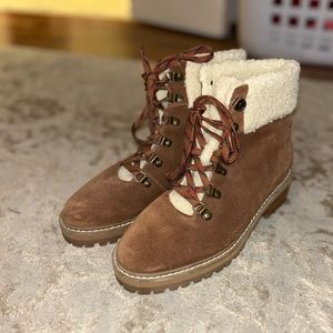 RENVY Women's Myra Cognac Suede Bootie Faux Shearling Trim